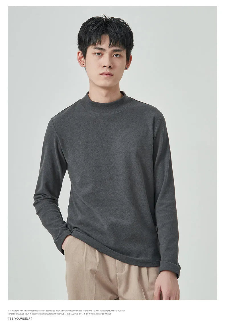Men's Dralon half-high collar long sleeve T-shirt in solid colour, brown, black, white, milky white, gray options