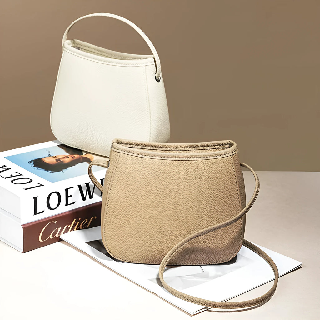 Genuine cowhide messenger bag for women square vertical shape with sewn thread detail in beige