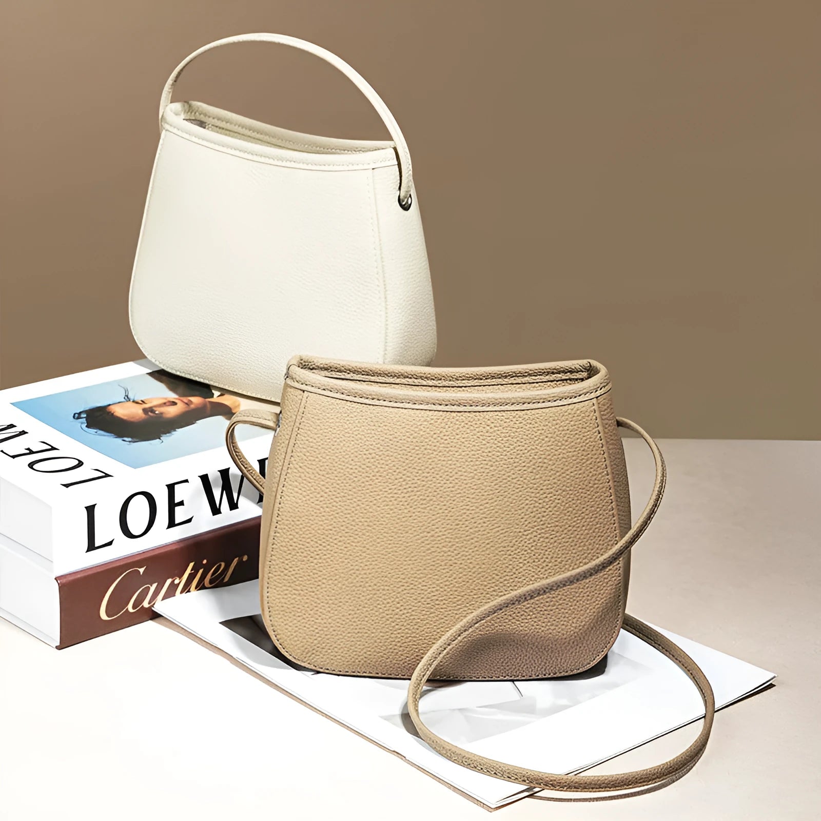 Genuine cowhide messenger bag for women square vertical shape with sewn thread detail in beige