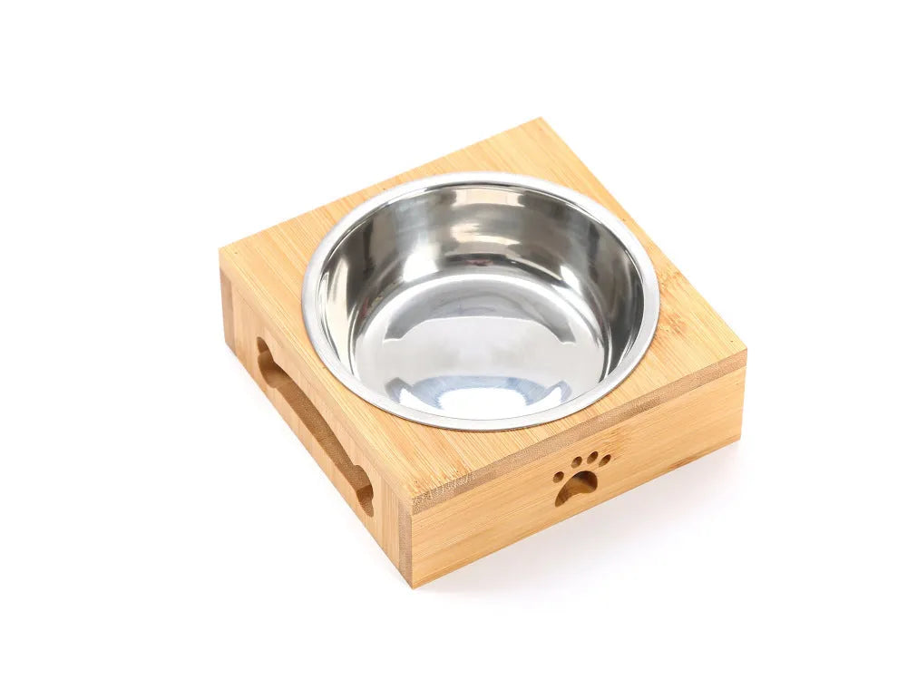 Solid wood pet dining table with stainless steel bowls, bamboo finish, raised feeder for cats and dogs