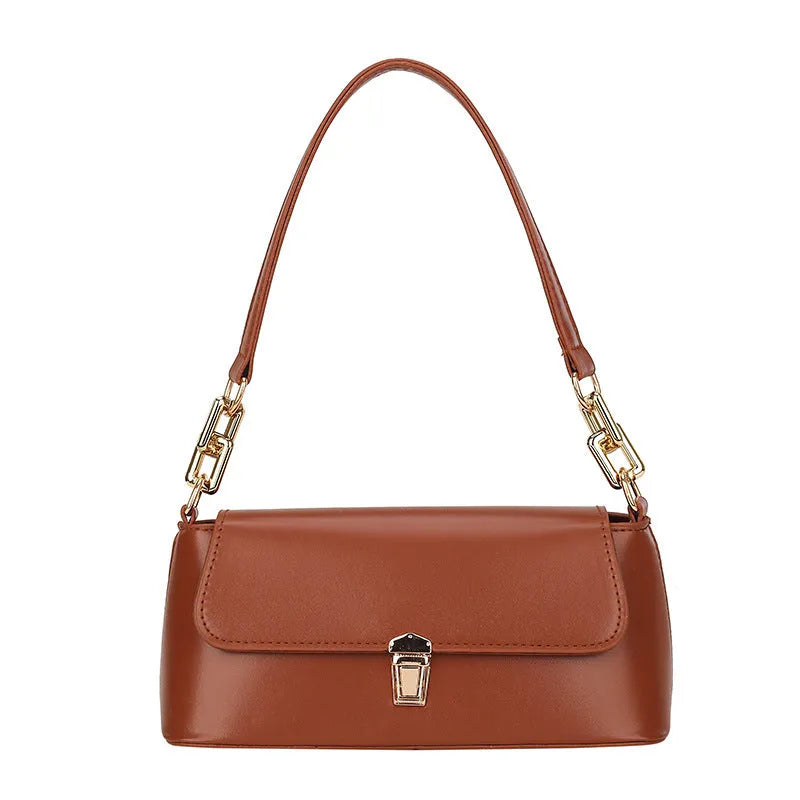 French casual western style PU underarm bag with shoulder chain, horizontal square shape, sandwich pocket, street-trend sewing thread detail