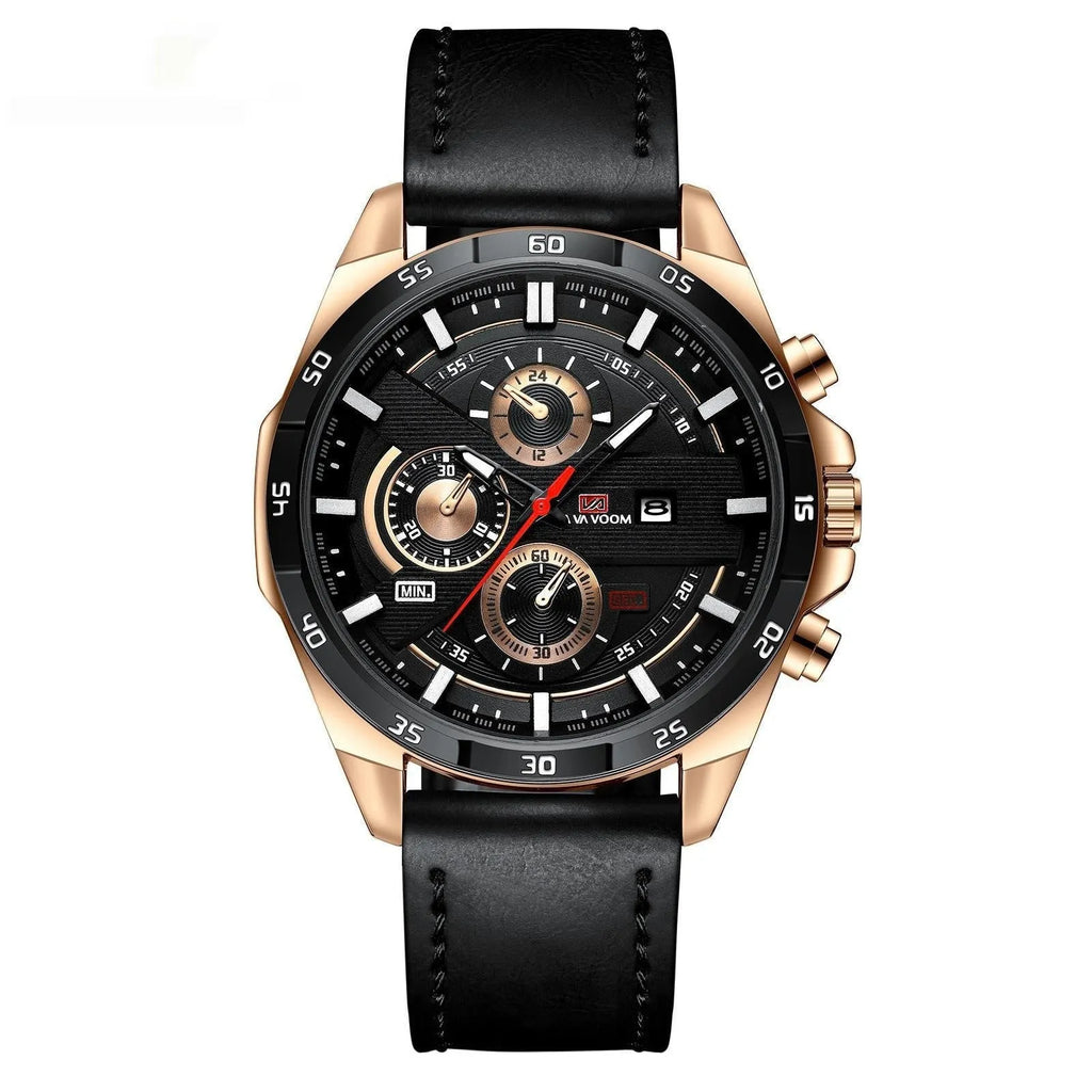 Men's business calendar waterproof quartz watch with black strap and rose gold case