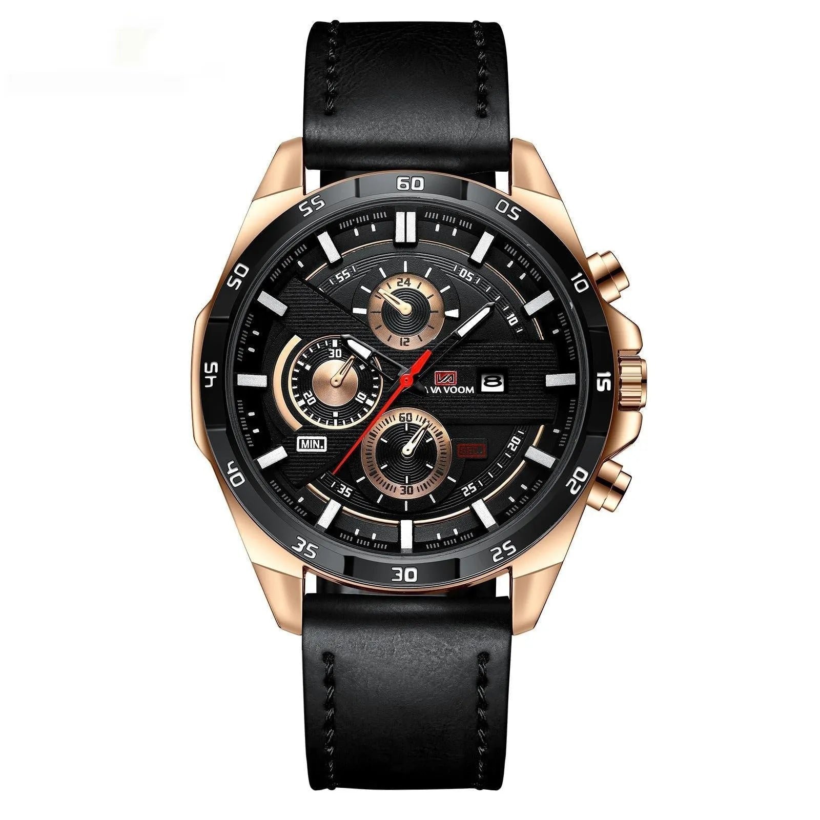Men's business calendar waterproof quartz watch with black strap and rose gold case