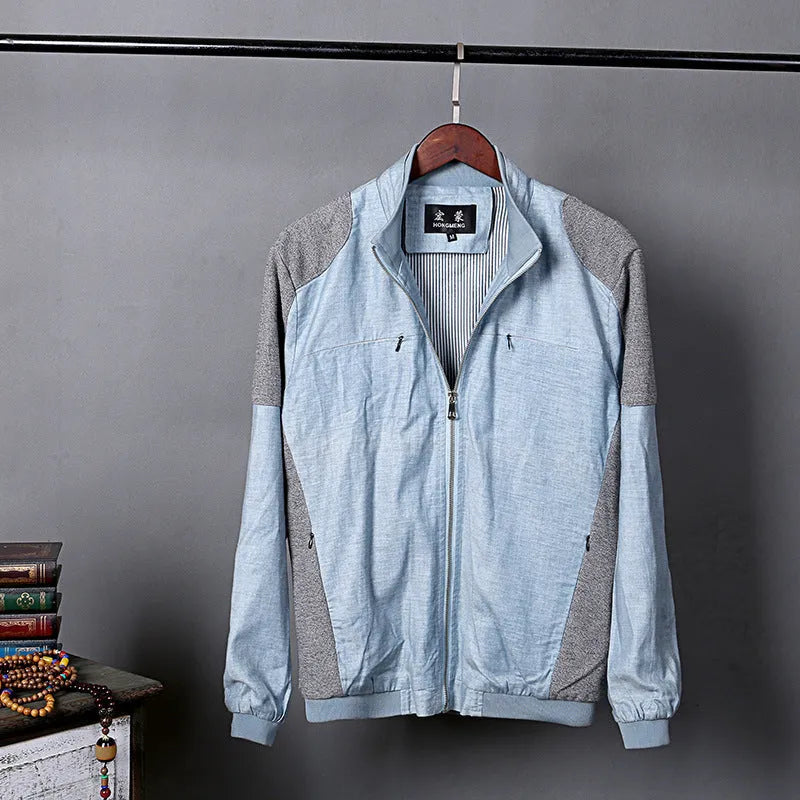 Men's thin cotton linen jacket in colour block pattern, shown in heather grey, grass green, and blue colour options.