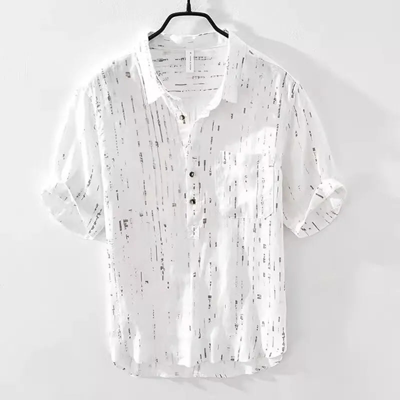 Men's black and white loose fit short-sleeved polo shirt with lapel collar on hanger