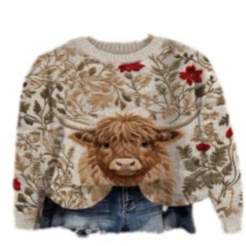 Women's round neck sweater with digital printed little flower pattern in polyester fabric