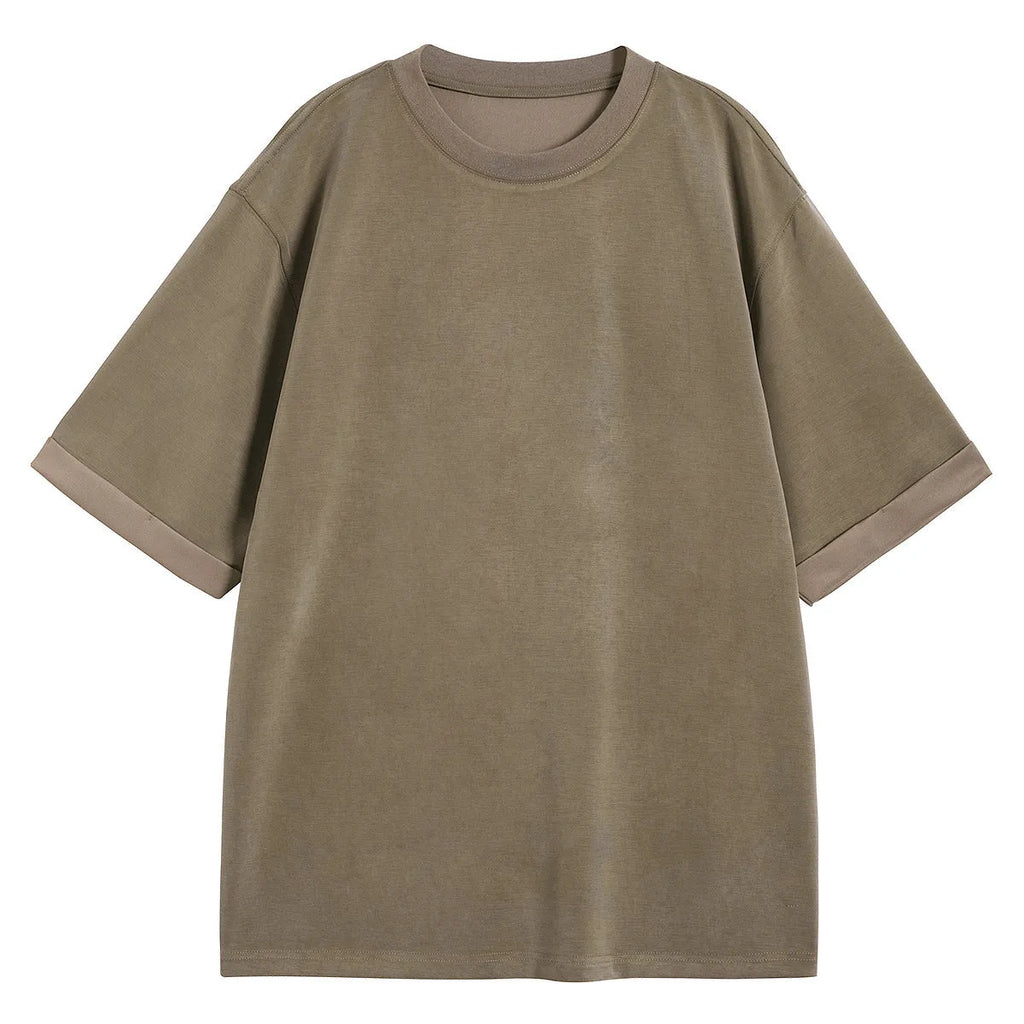 Men's loose drape knit T-shirt in solid colour with short sleeves and collage stitching, black brown white, S to 2XL