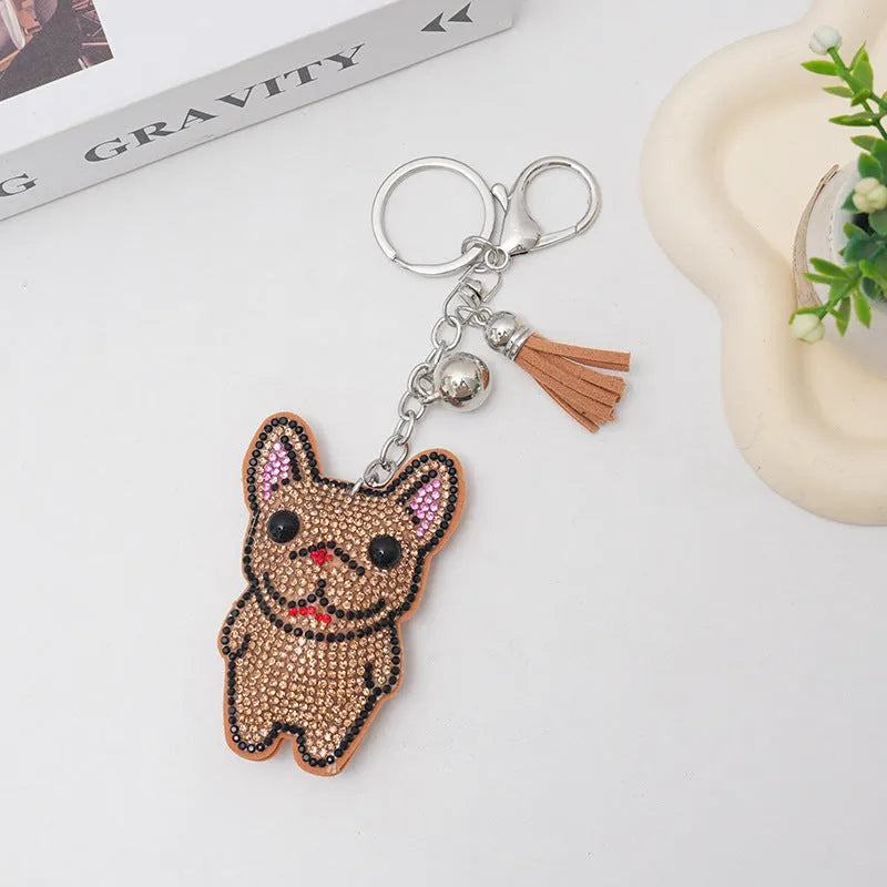 French dog rhinestone keychain pendant with cartoon animal charm on alloy base