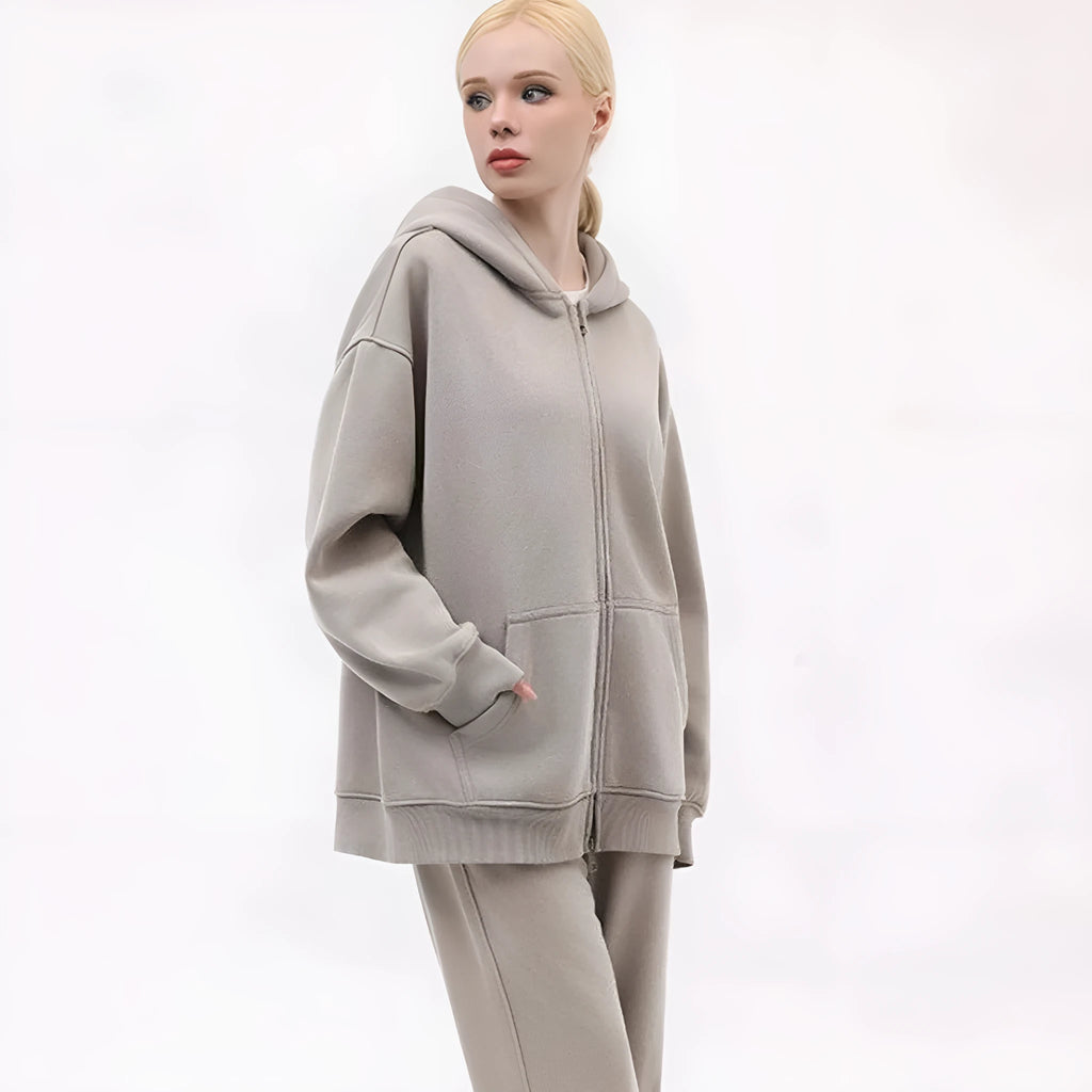 Fleece-lined distressed hooded cardigan sweater, cotton blend, loose fit, drop-shoulder sleeves, size patch pocket, solid colour, view front