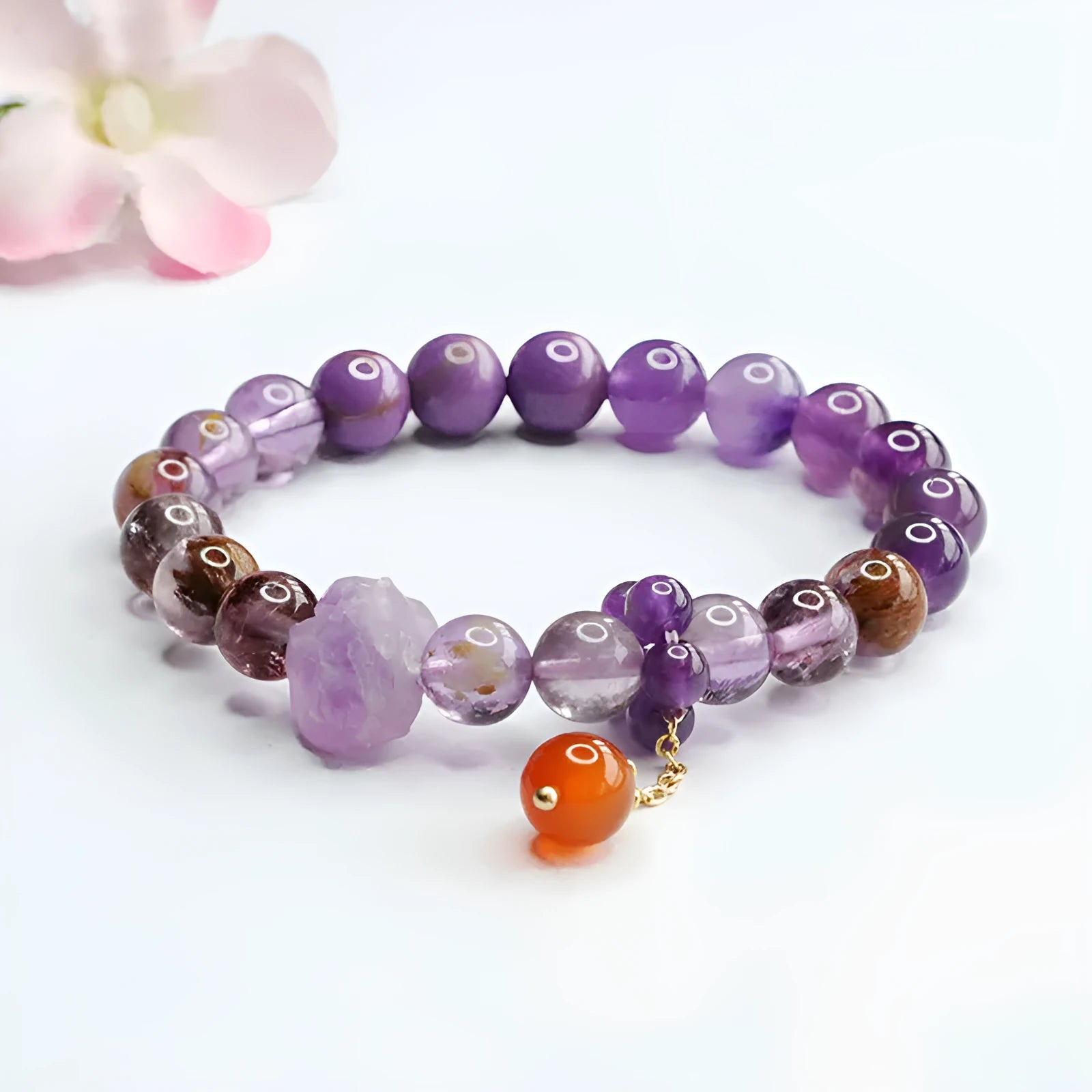 Nine purple fire Duobao crystal bracelet with amethyst beads and red agate accents in Mori style