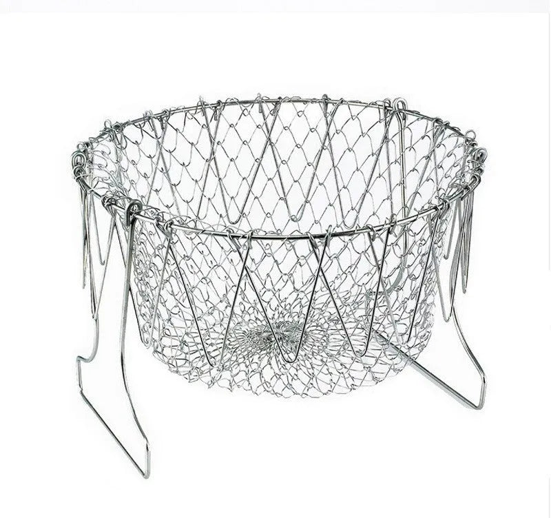 Stainless steel foldable deep fry basket 23cm with grid and handle for home kitchen use