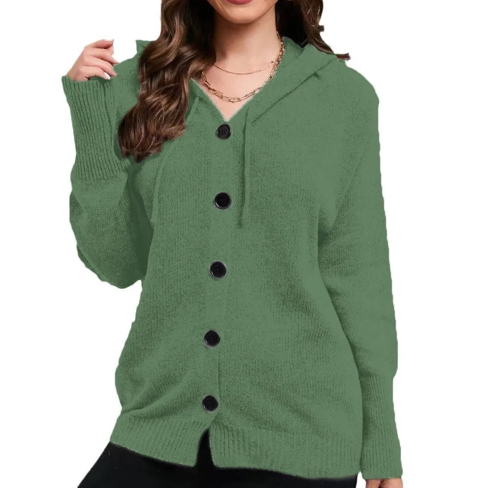 Women's loose fit hooded cotton cardigan sweater in a solid colour with long sleeves.