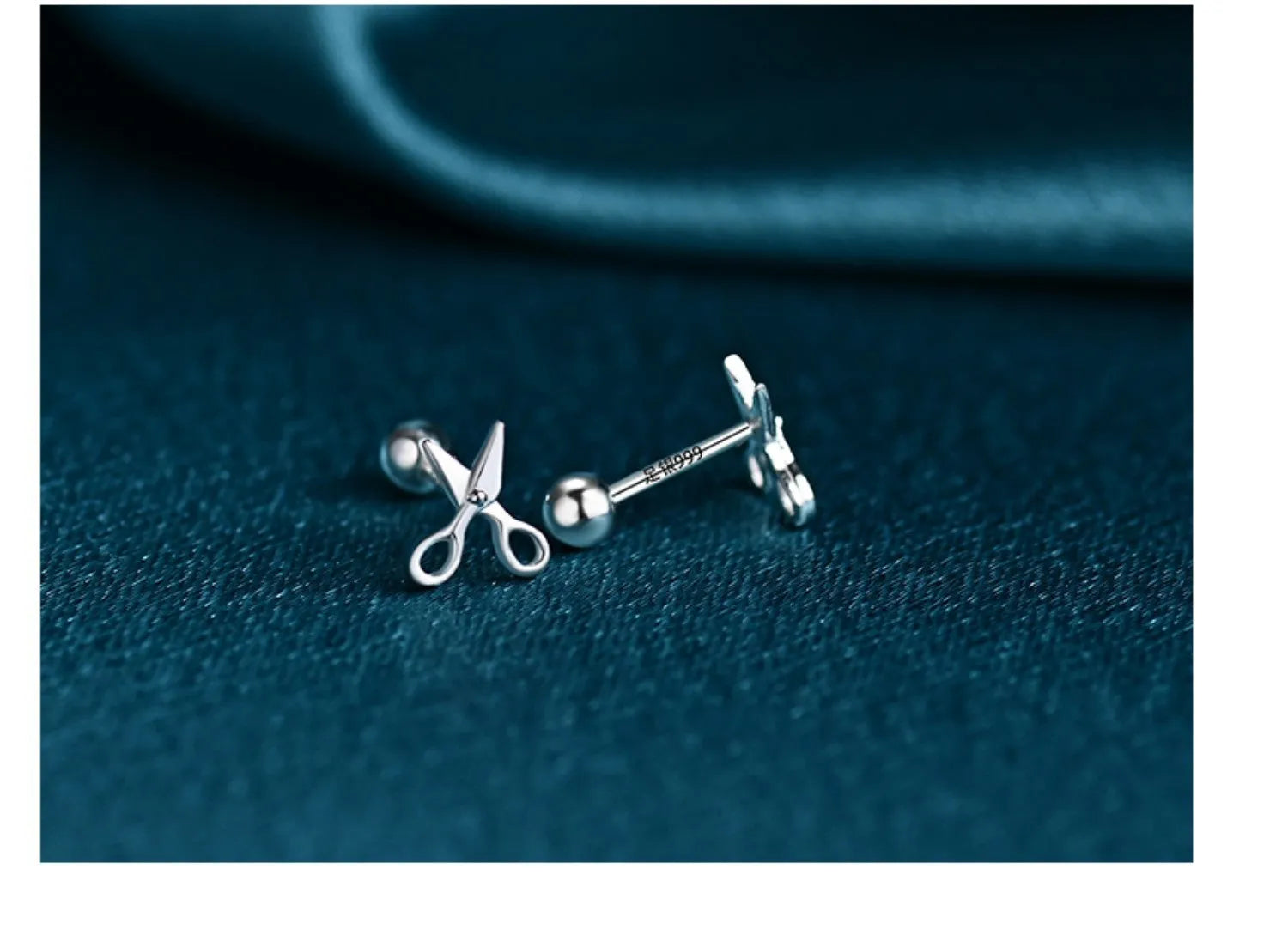 Pure silver screw-style clip-on earrings with miniature scissors charm design for women