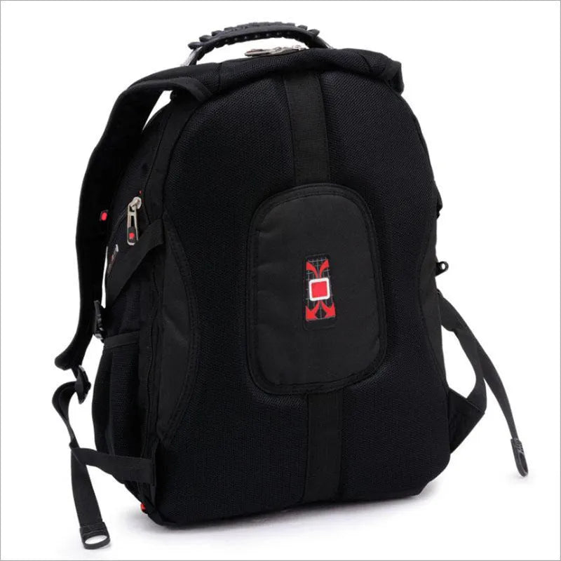 Black business computer backpack with 38-litre capacity showing three compartments and laptop protection