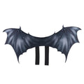 Black cloth bat wing costume for dogs and cats on a pet, showing three available sizes.