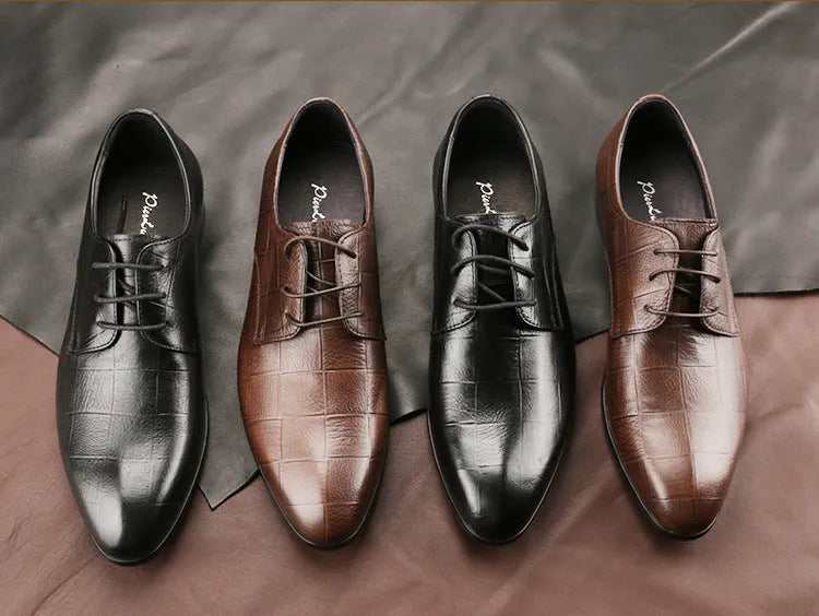Men's black and coffee brown cow leather derby shoes with pointed toe and hand-sewn detailing