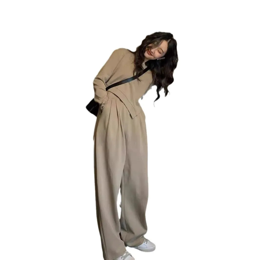 Women's casual sports suit set in khaki colour with loose fit top and trousers