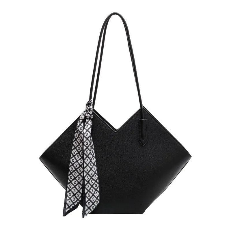 Women's large black PU leather shoulder bag with a sandwich pocket, shown next to a brown version.