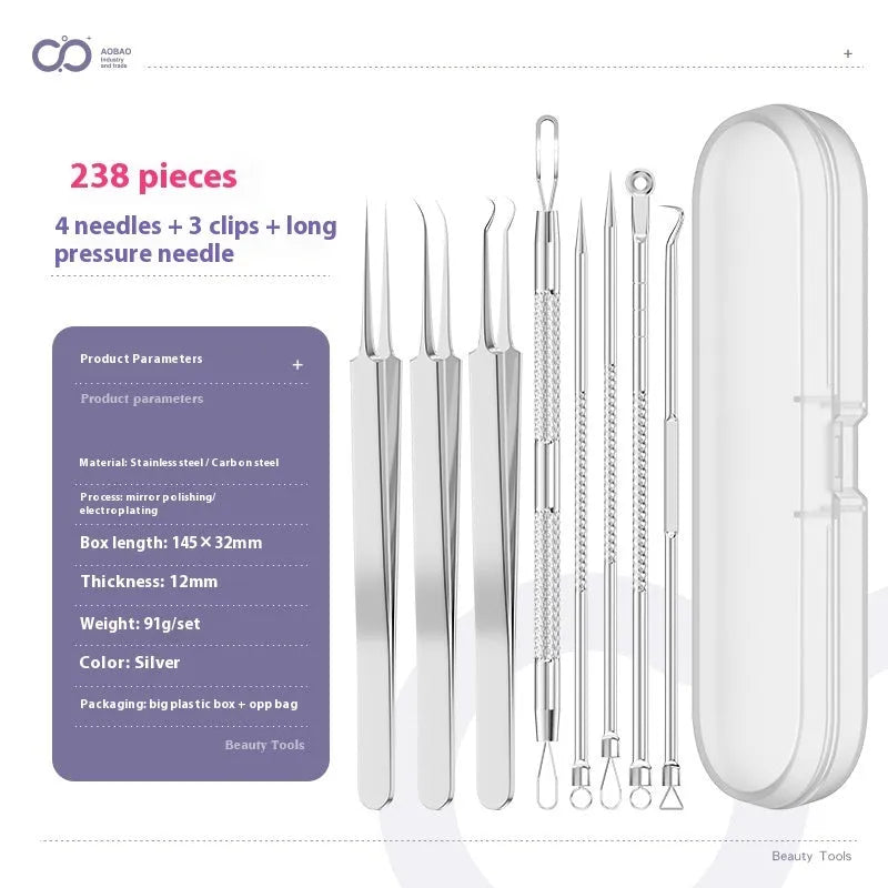Four silver metal acne needles with ultra-fine points for blackhead removal.