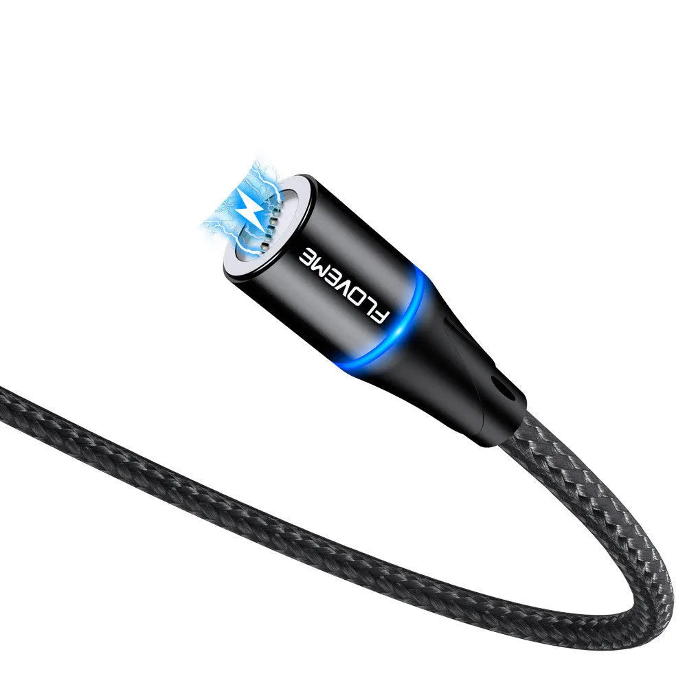 Black magnetic fast-charge data cable with side LED light and Type-C, Lightning, and Micro-USB connectors.