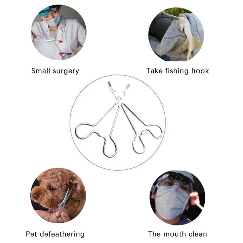 Silver stainless steel pet ear tweezers with curved tip and anti-slip handle, 12.5cm length