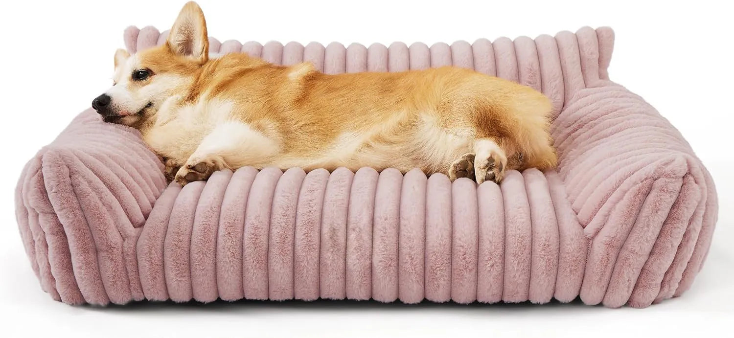 Bedsure fluffy cat couch for indoor cats with three-sided backrest and soft corduroy fleece cover in beige