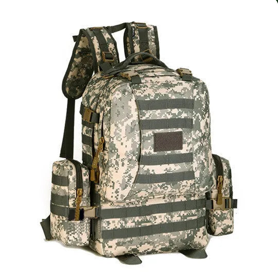 50L outdoor backpack in wolf brown with nylon fabric, multiple compartments, and webbing details