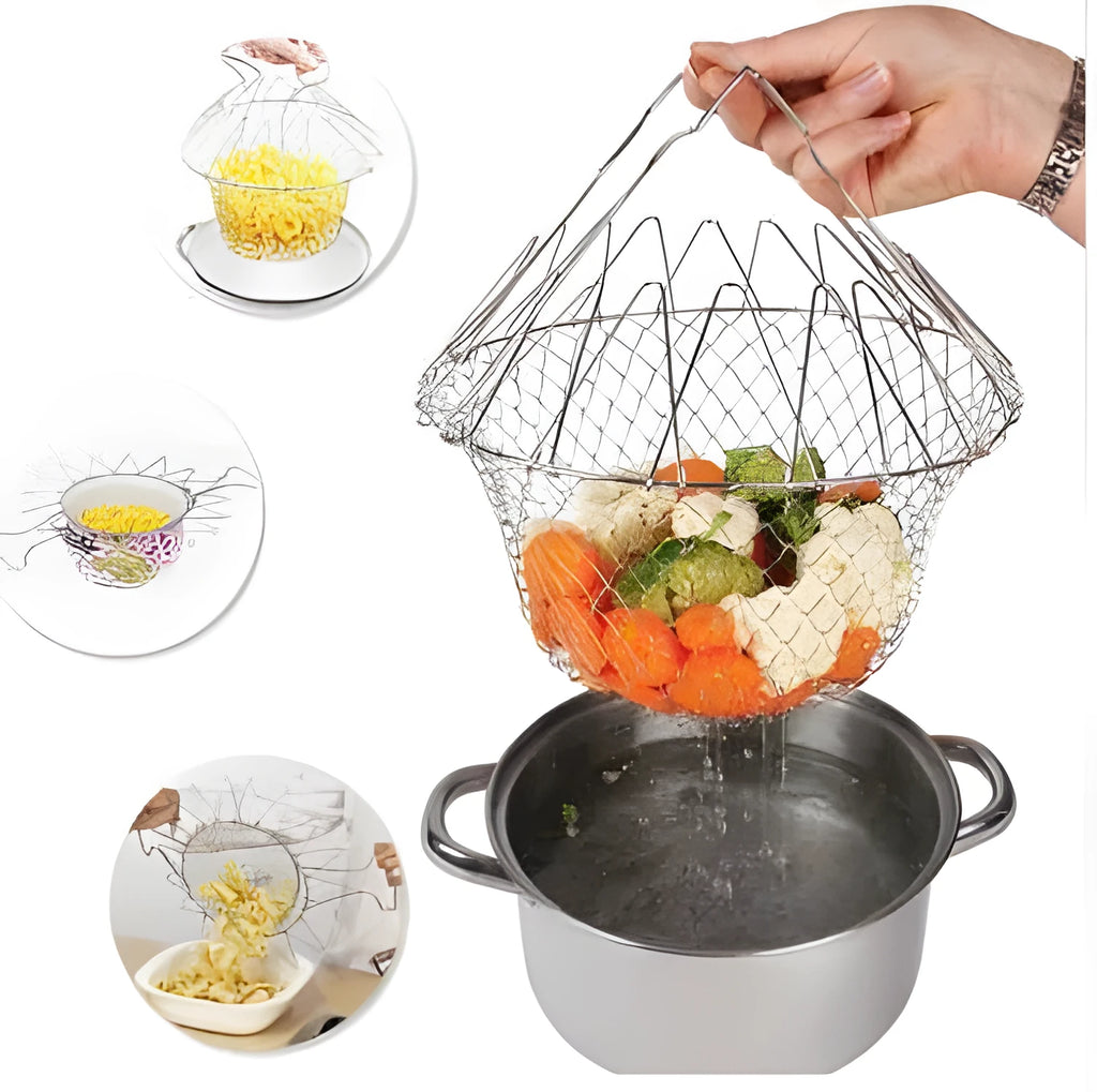 Stainless steel foldable deep fry basket 23cm with grid and handle for home kitchen use