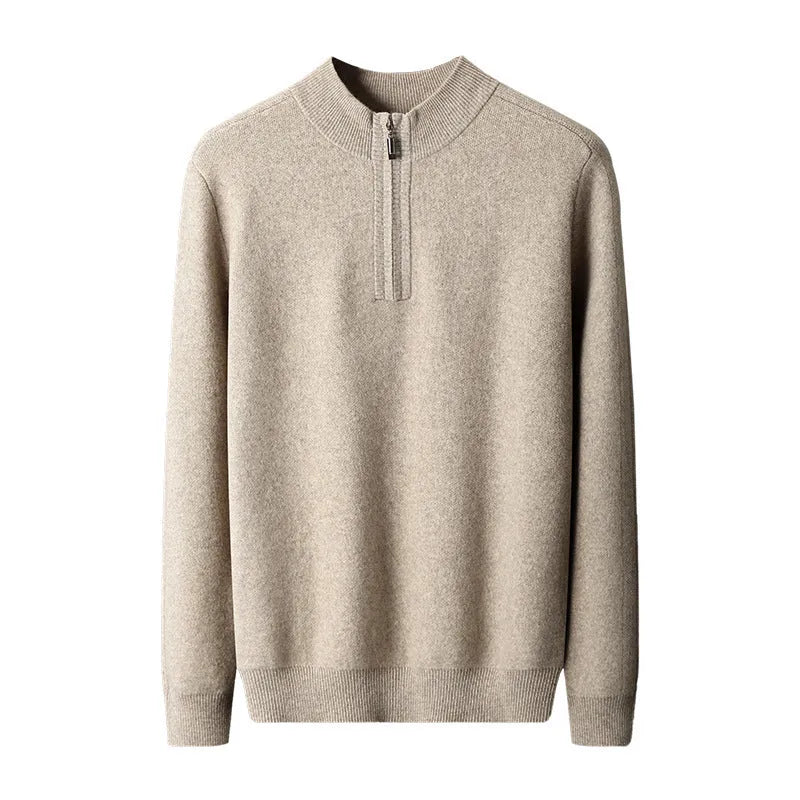 Men's half-high collar loose half-zip solid colour pullover sweater in camel colour on a model