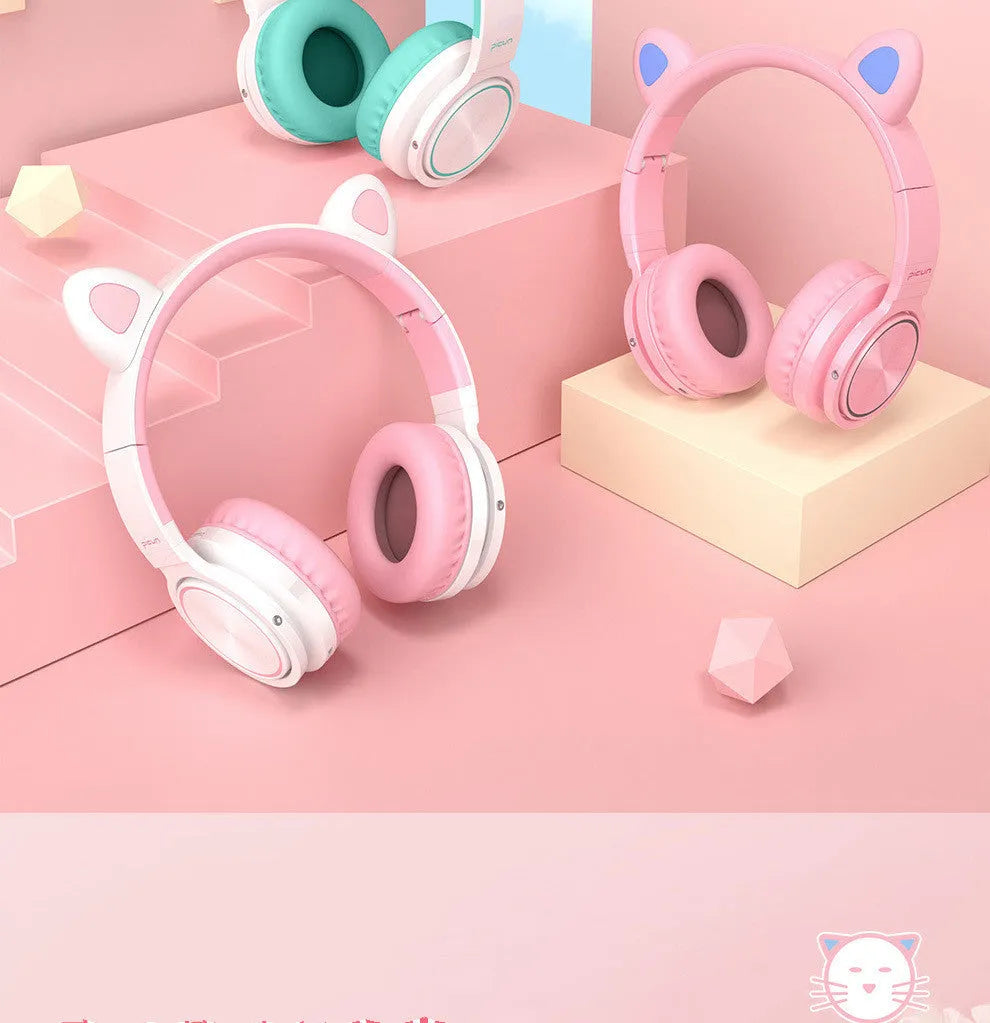 Pink white luminous Bluetooth headset with head-mounted design and protein ear pads