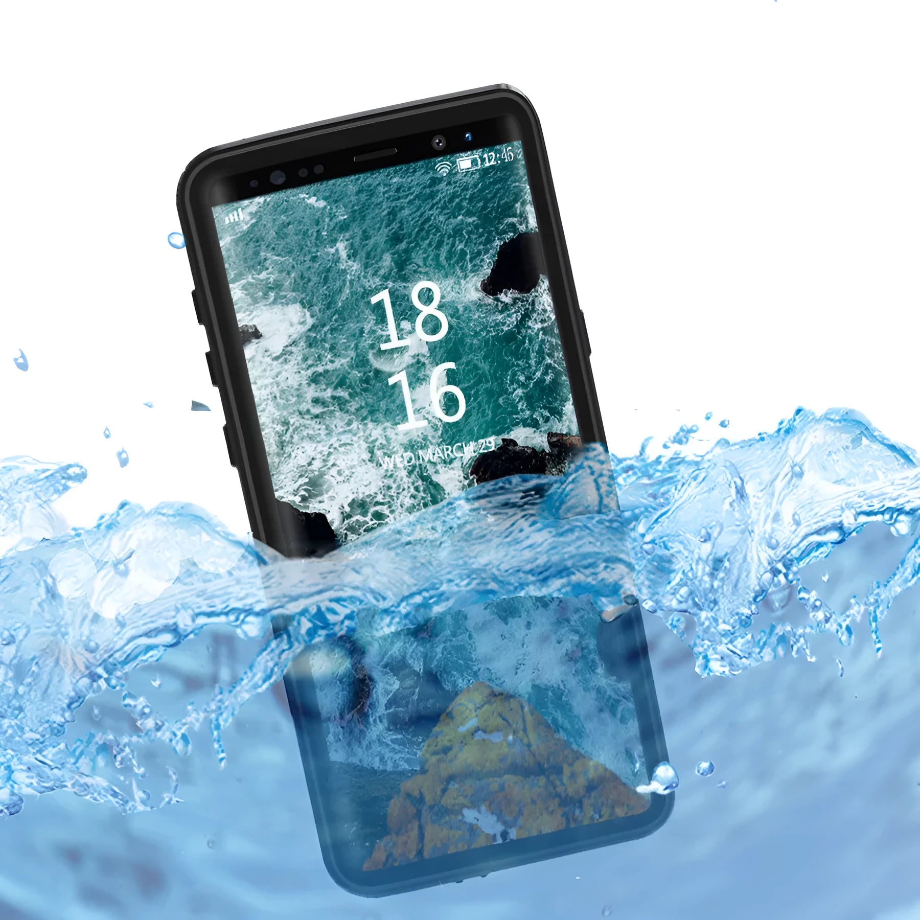 Samsung Galaxy waterproof shockproof phone case with transparent tempered glass back showing IP68 protection in sporty design