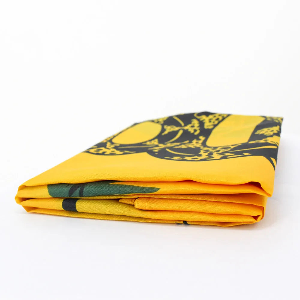 Yellow polyester screen printed garden decoration flag measuring 90 by 150 centimetres on a white background