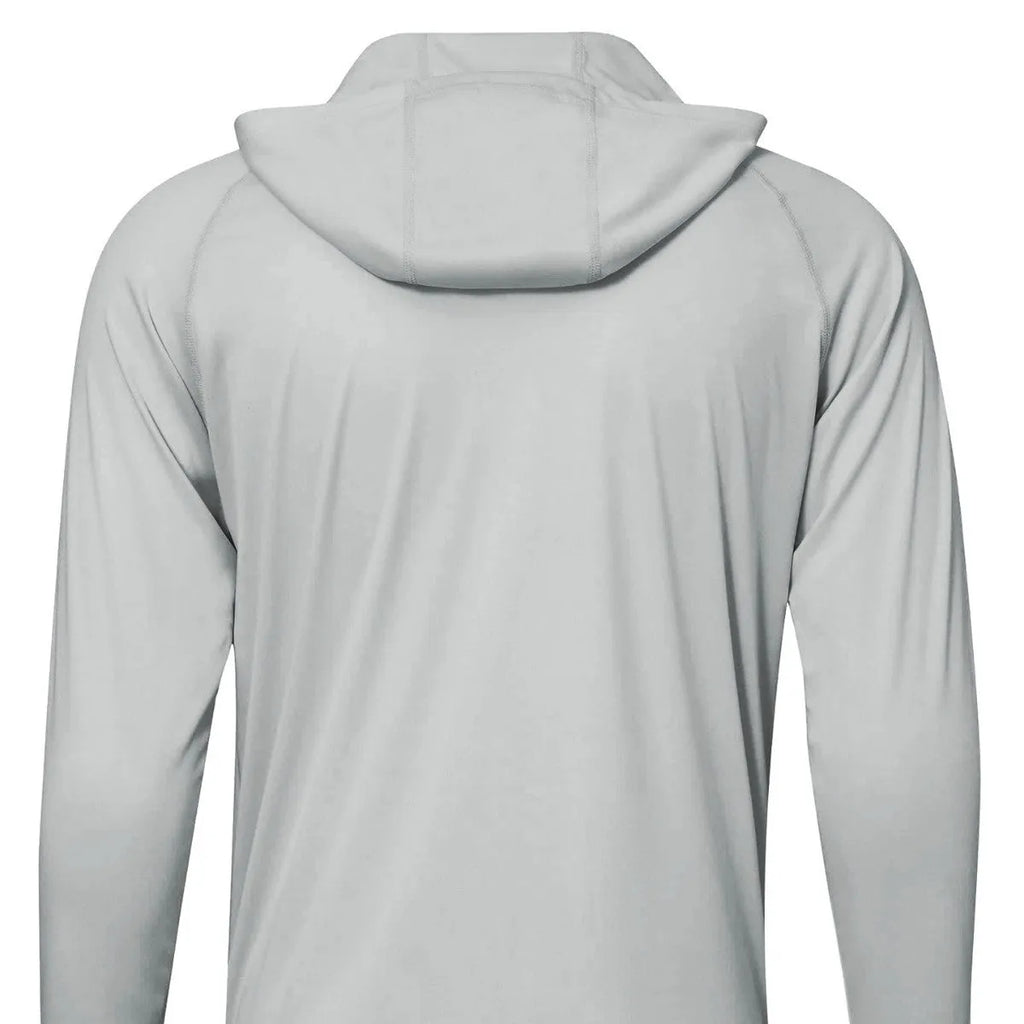 Outdoor UV protection long sleeve hooded thin top in solid colour, polyester fabric, with hood up.