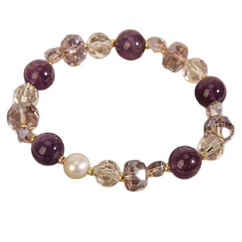 Artificial amethyst crystal bracelet for women with electroplated finish, U-shape design, four-leaf clover motif, and pearl elements