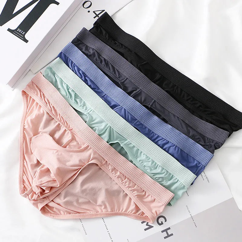 Men's low waist briefs in Ice Silk nylon fabric shown in black, gray, light green, pink, and purple blue colours.