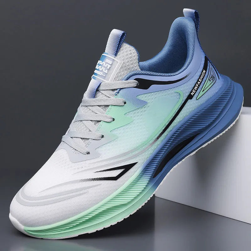 Men's low-top casual trainer in grey-green with woven mesh upper and round toe on a rubber sole.