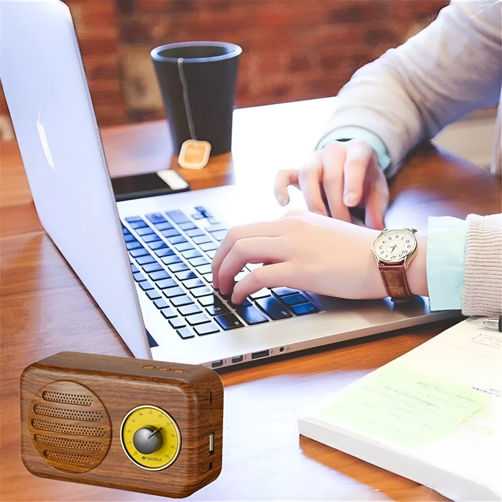 T1 portable Bluetooth speaker with wood grain finish showing compact design and speaker grille