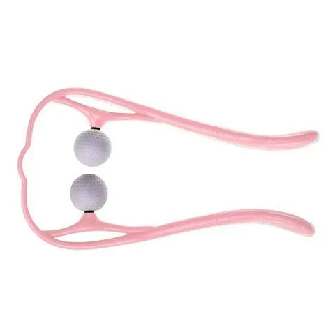 Blue plastic swan-shaped handheld neck massager with a flexible stand on a white background.