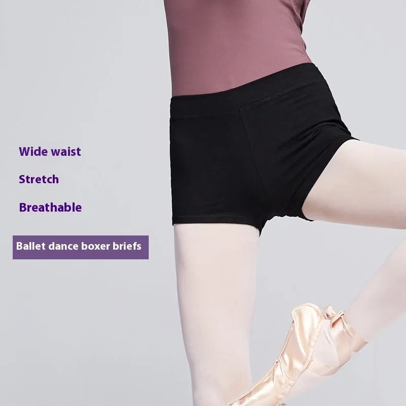 Black cotton women's ballet practice shorts laid flat, solid colour.