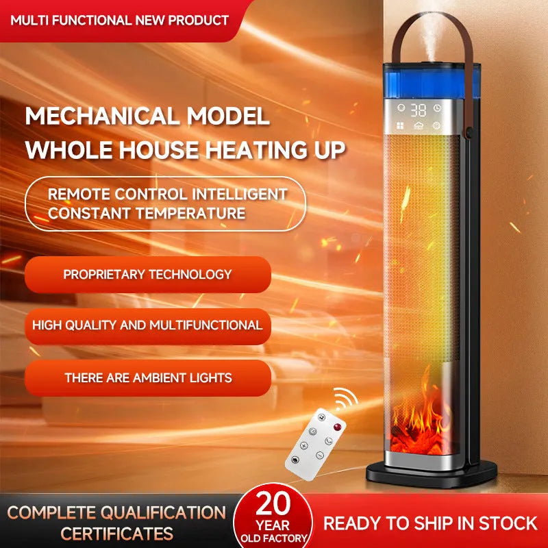 Vertical ceramic heater with humidifier and remote control on a floor