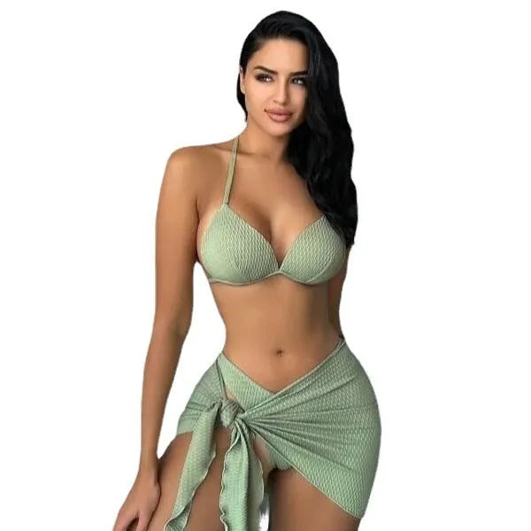 Women's black three-piece swimsuit set with bikini top, panties, and a Russian split skirt laid flat.
