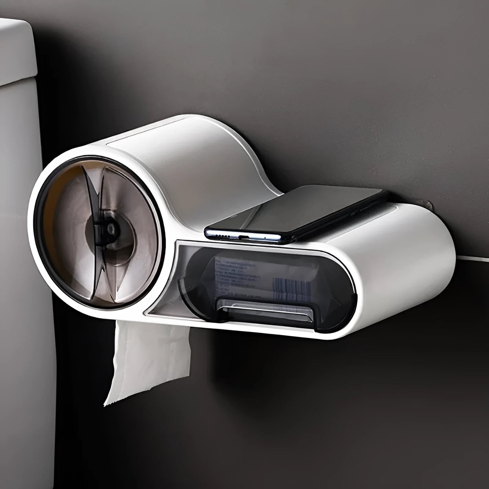 White plastic streamline curved toilet roll holder with no-punching installation on bathroom wall