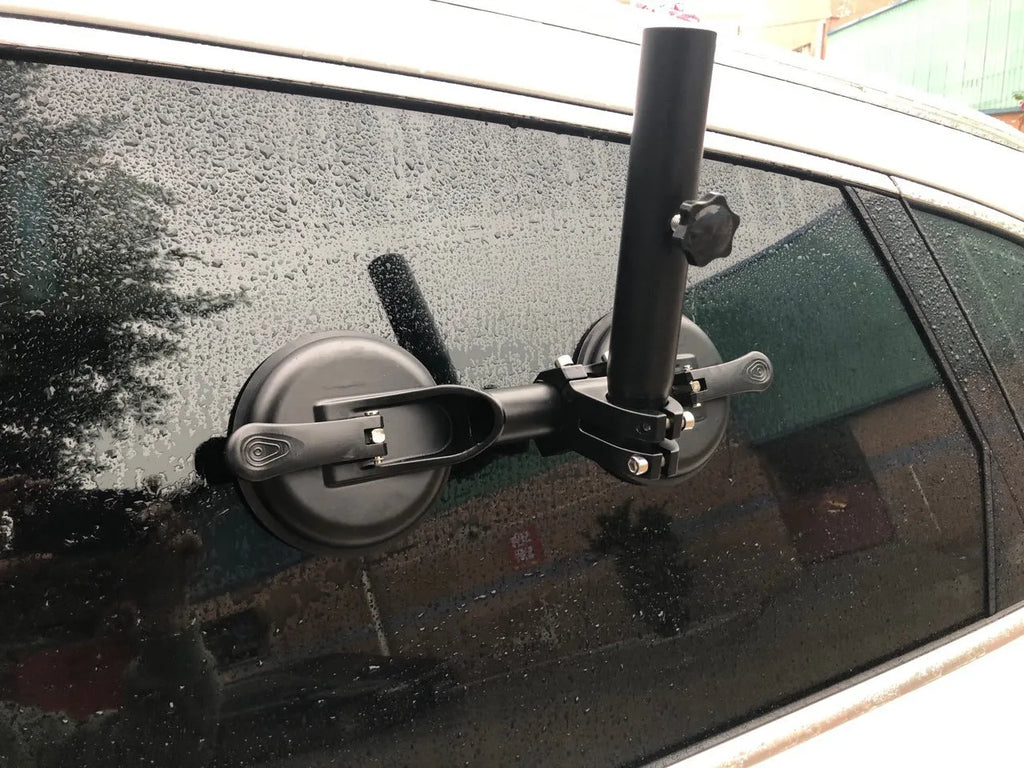 Black off-road car flagpole sucker base with round rubber suction cup and ABS plastic body.