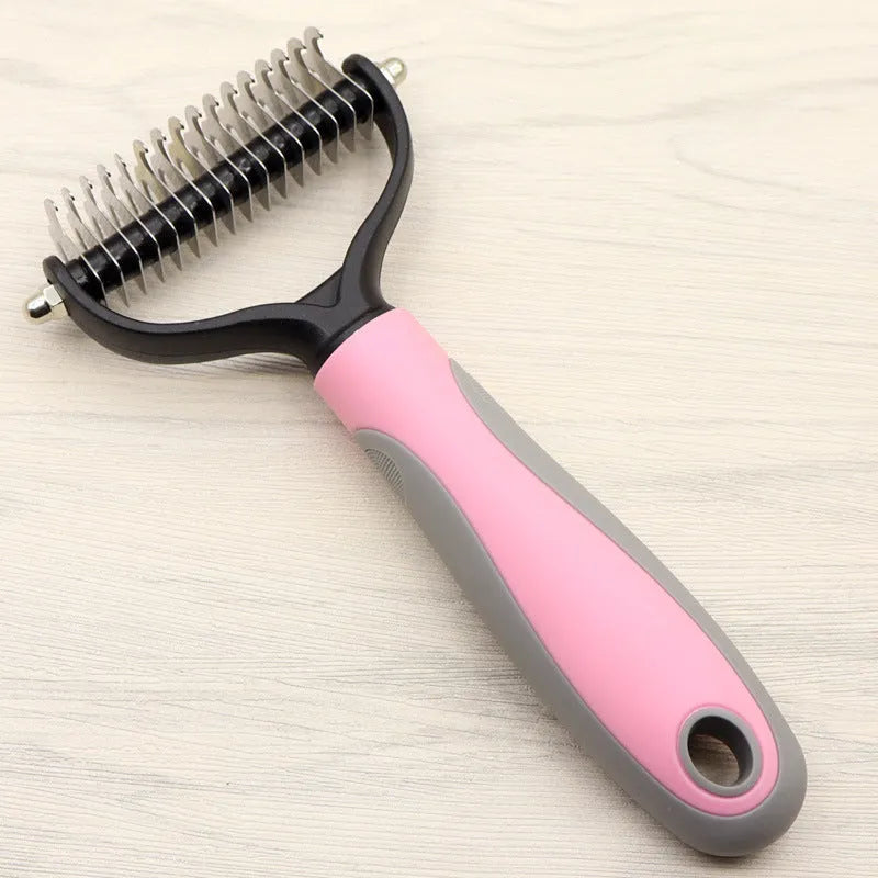 Pet long-haired dog knot comb with double-sided blade in blue colour, small size, with stainless steel needles and TPR handle