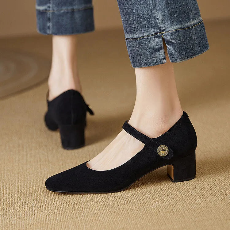 Women's Mary Jane chunky heel pumps in black suede with square toe and low-top profile
