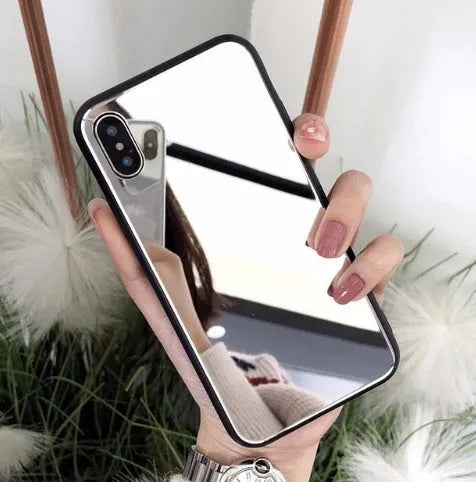 Black iPhone back cover case with a square mirror inset on the back.