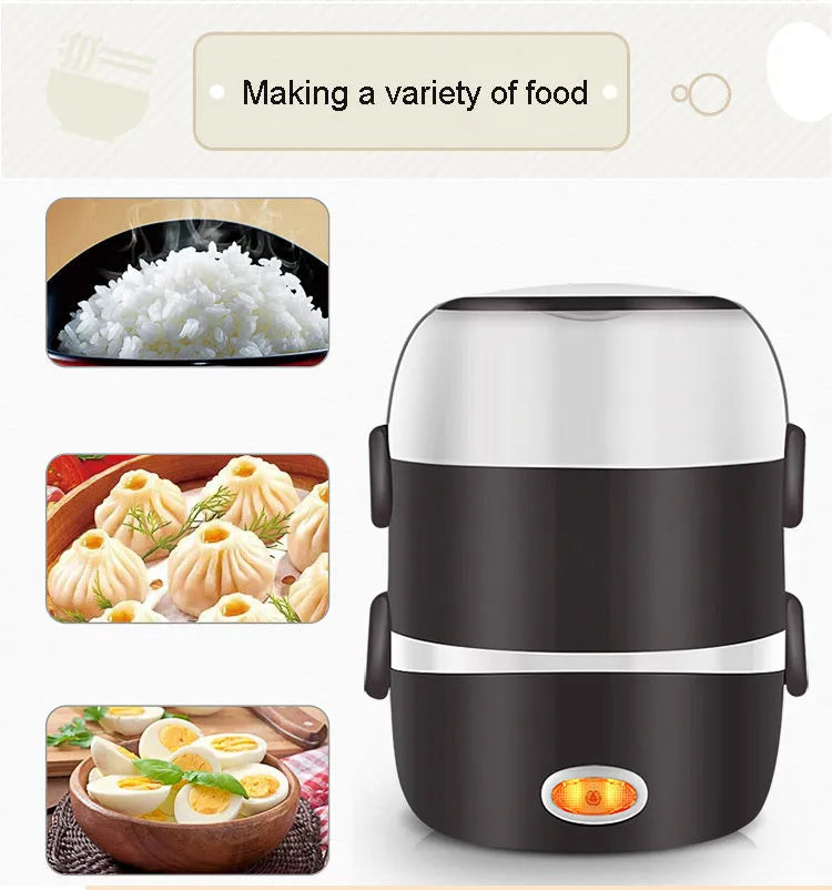 USB-powered multi-function lunch box showing 2-layer and 3-layer configurations with 190mm dimensions
