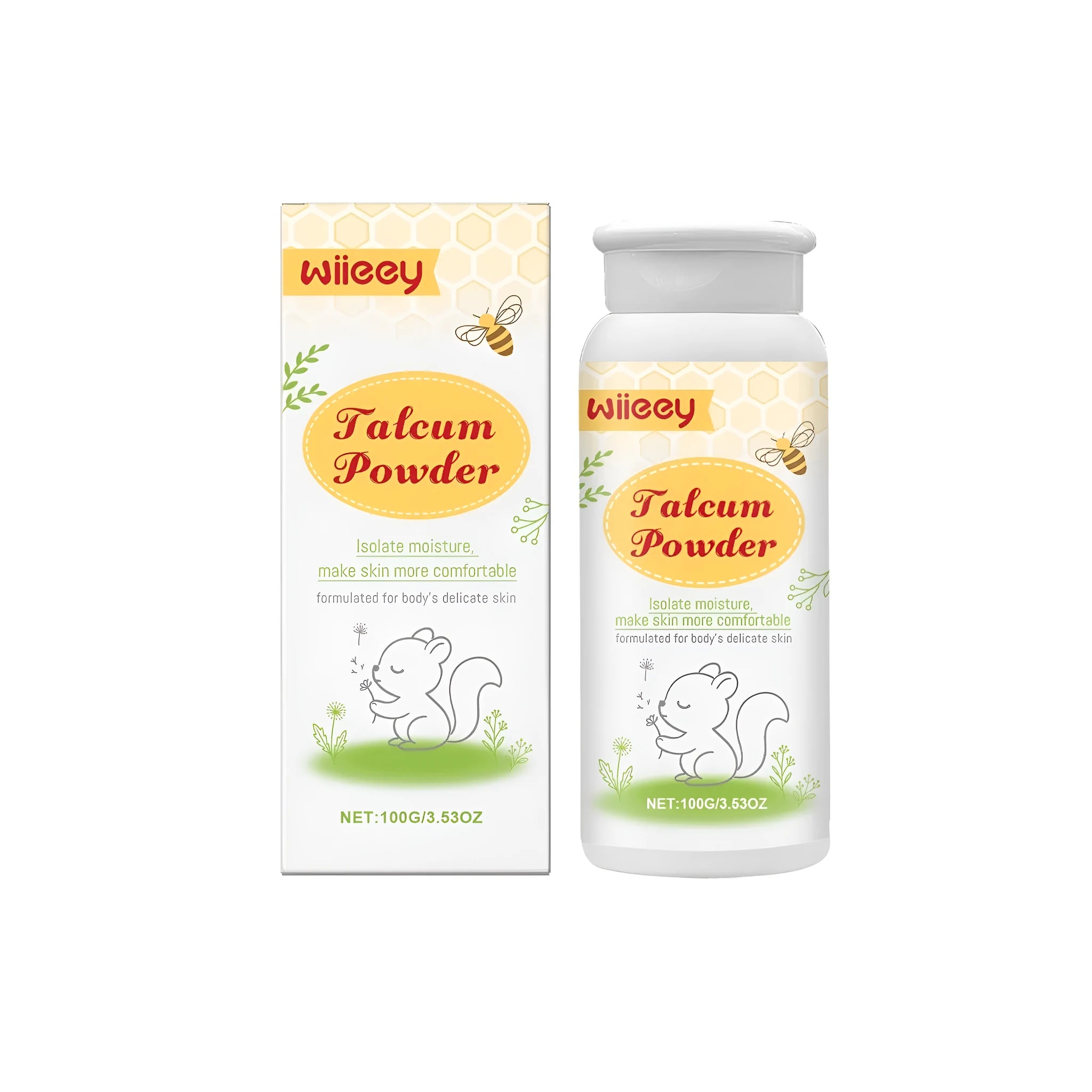 Talcum powder 100g jar with white powder and ingredient list including honeysuckle extract and glycerin