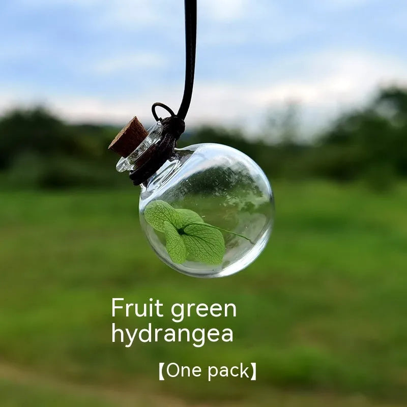 Glass fire extinguisher shaped pendant with preserved hydrangea flowers for car interior decoration
