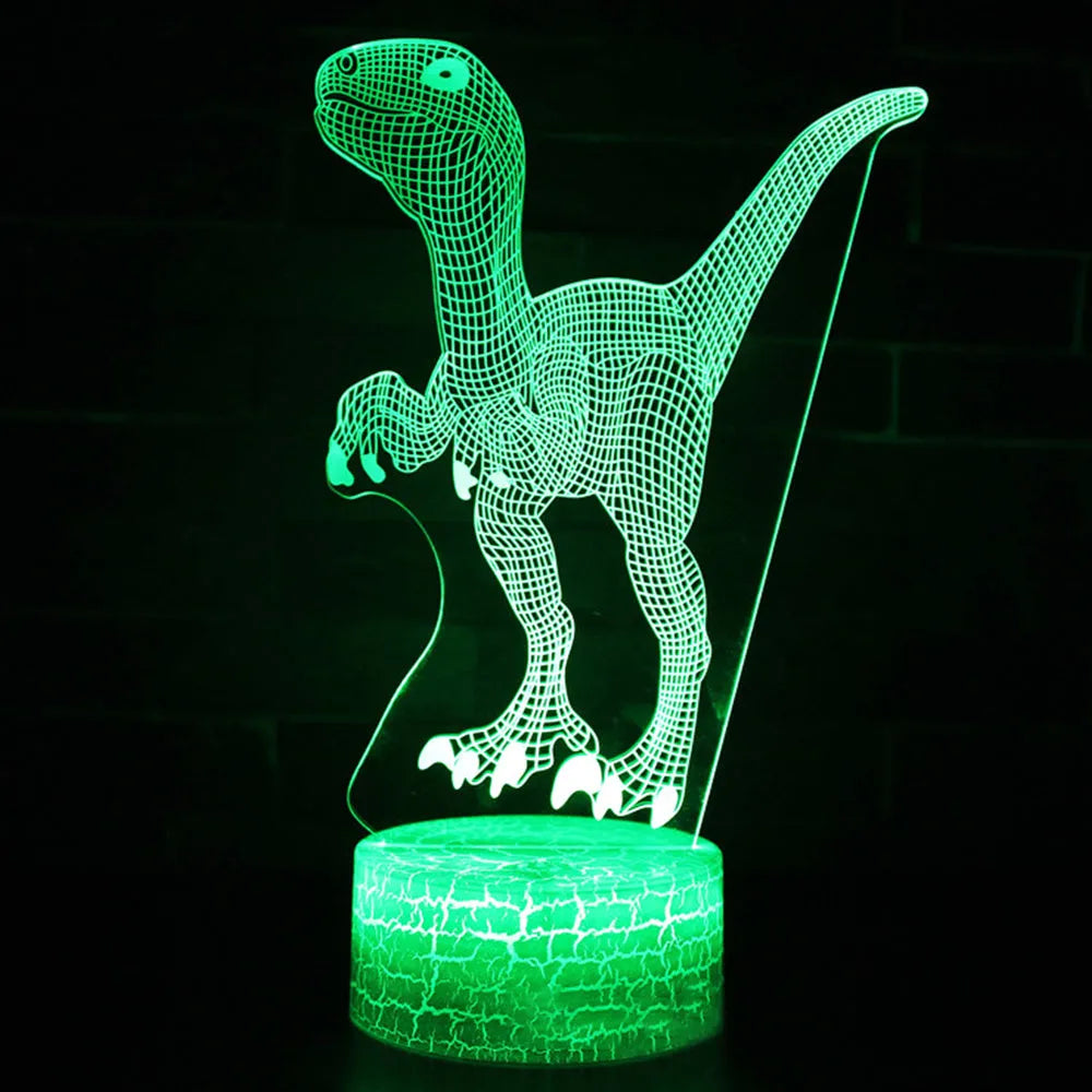 Dinosaur series colourful 3D night light with acrylic guide plate and black ABS base on a wooden surface